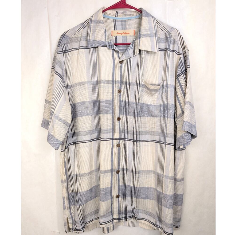 Tommy Bahama 100% Silk grey plaid button up camp shirt Size Large Resort Retro